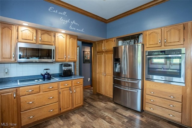18230 James Way, Doylestown, OH 44230 - kitchen featuring stainless steel appliances, crown molding, dark wood-type flooring, decorative backsplash, and dark countertops