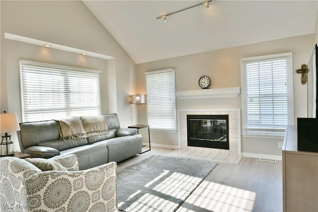 100 Turnberry Ct NE, Warren, OH 44484 - living room with a fireplace, wood finished floors, baseboards, healthy amount of natural light, and lofted ceiling