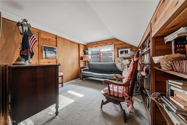 23903 E Baintree Rd, Beachwood, OH 44122 - sitting room featuring vaulted ceiling, carpet floors, and wooden walls