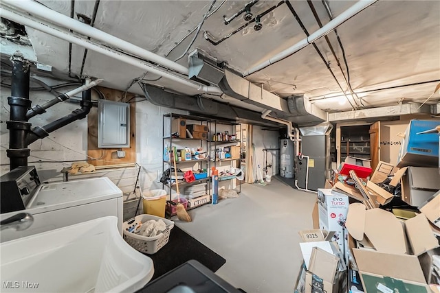 23903 E Baintree Rd, Beachwood, OH 44122 - unfinished below grade area with water heater, electric panel, a sink, washer / dryer, and heating unit