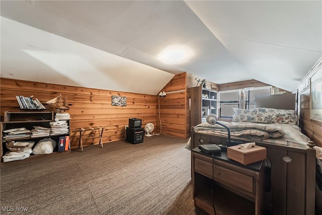 23903 E Baintree Rd, Beachwood, OH 44122 - bedroom featuring wooden walls, carpet floors, and lofted ceiling