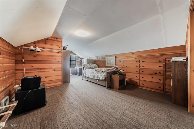 23903 E Baintree Rd, Beachwood, OH 44122 - carpeted bedroom featuring lofted ceiling and wooden walls