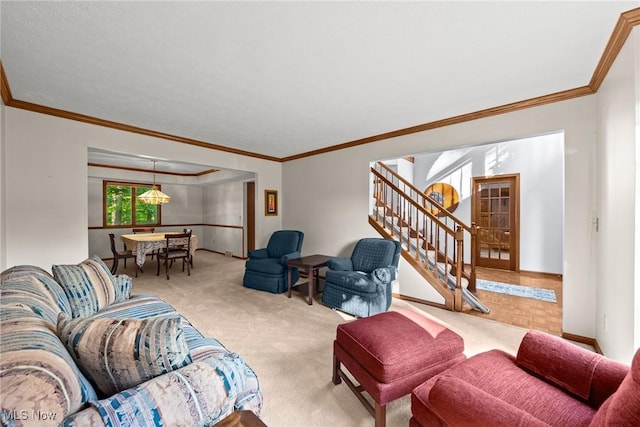5011 Buttonbush Ln, North Royalton, OH 44133 - living room featuring stairway, carpet floors, ornamental molding, and baseboards