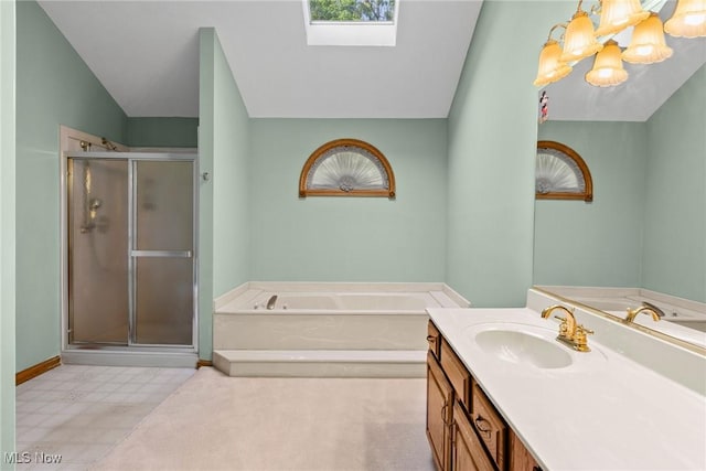5011 Buttonbush Ln, North Royalton, OH 44133 - bathroom with a garden tub, a shower stall, a chandelier, vanity, and lofted ceiling