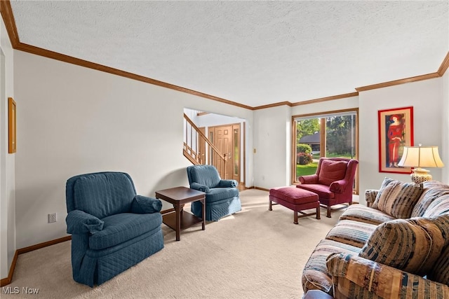 5011 Buttonbush Ln, North Royalton, OH 44133 - living room featuring carpet flooring, stairway, baseboards, crown molding, and a textured ceiling