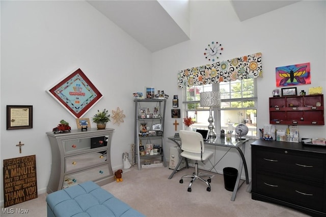 335 Devon Pond, Aurora, OH 44202 - home office featuring light carpet, high vaulted ceiling, and baseboards