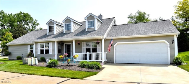 335 Devon Pond, Aurora, OH 44202 - cape cod house with covered porch, a chimney, a garage, a front lawn, and a shingled roof