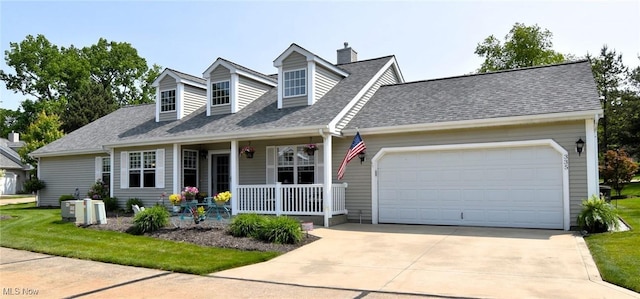 335 Devon Pond, Aurora, OH 44202 - cape cod home with covered porch, a garage, a chimney, a shingled roof, and concrete driveway
