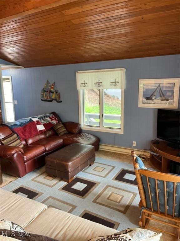 86 Cheyenne Trl, Malvern, OH 44644 - living room featuring wood ceiling, lofted ceiling, and wood walls