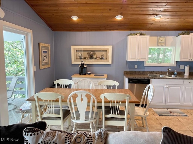 86 Cheyenne Trl, Malvern, OH 44644 - dining space featuring wooden ceiling, light tile patterned floors, and lofted ceiling