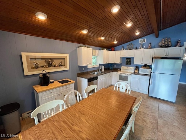 86 Cheyenne Trl, Malvern, OH 44644 - kitchen featuring stainless steel appliances, a sink, white cabinets, wooden ceiling, and dark countertops