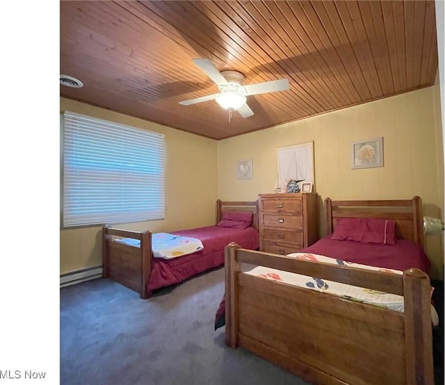 86 Cheyenne Trl, Malvern, OH 44644 - carpeted bedroom with wooden ceiling, a baseboard heating unit, and ceiling fan
