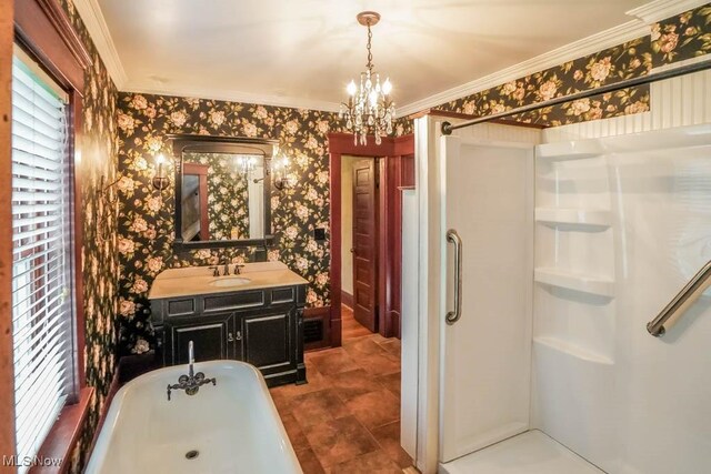 490 N Main St, Magnolia, OH 44643 - full bathroom with wallpapered walls, vanity, a shower stall, a soaking tub, and a chandelier