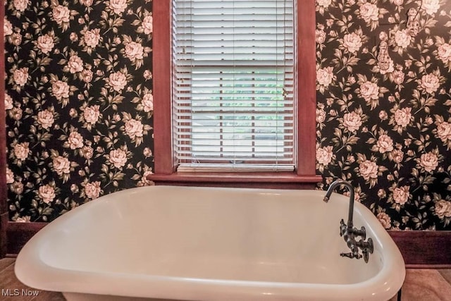 490 N Main St, Magnolia, OH 44643 - full bathroom with wallpapered walls and a freestanding tub