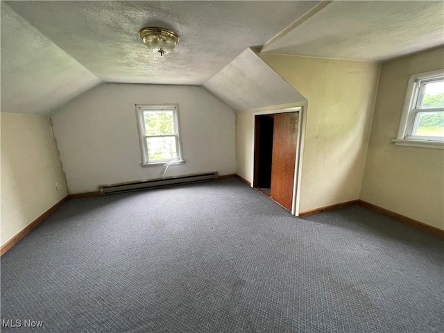 17184 State Route 45, Wellsville, OH 43968 - bonus room with baseboard heating, carpet, a textured ceiling, baseboards, and lofted ceiling