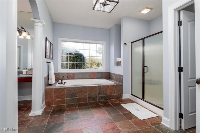 4679 Paxton Rd, Copley, OH 44321 - full bathroom featuring a garden tub, a stall shower, stone finish flooring, and vanity