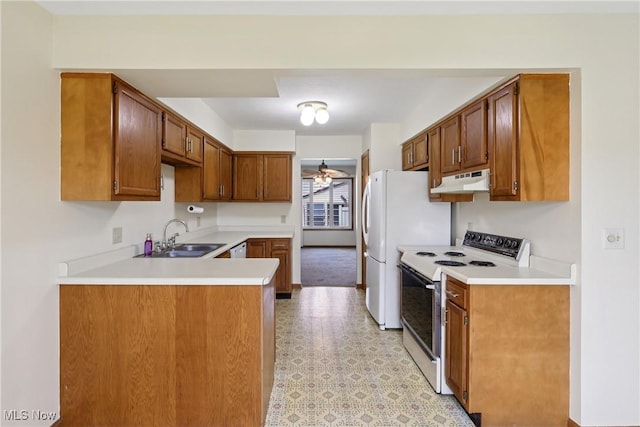 47 Tudor Ln Unit 6C, Kent, OH 44240 - kitchen with white appliances, a sink, under cabinet range hood, a ceiling fan, and light countertops