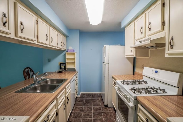 3888 Lake Run Blvd, Stow, OH 44224 - kitchen with white range with gas stovetop, under cabinet range hood, a sink, wooden counters, and baseboards