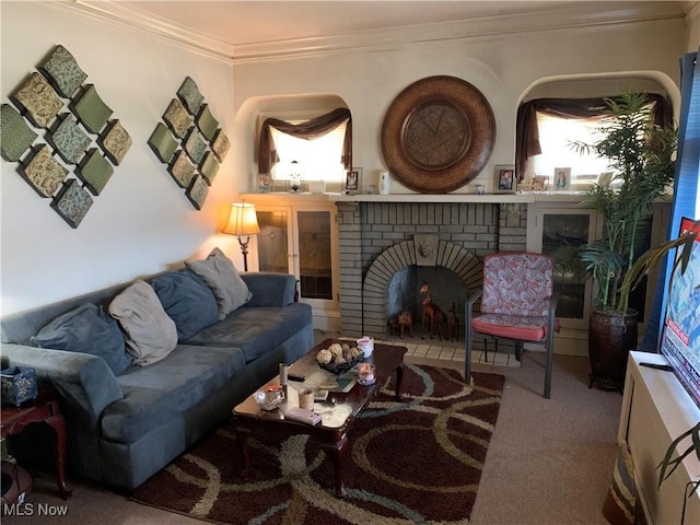 3526 E Blvd, Cleveland, OH 44105 - living area featuring a brick fireplace, ornamental molding, and carpet flooring