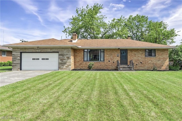 321 Justo Ln, Seven Hills, OH 44131 - ranch-style home with a chimney, driveway, a garage, and a front yard