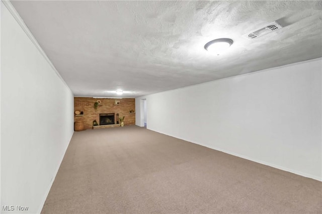 321 Justo Ln, Seven Hills, OH 44131 - unfurnished living room with carpet flooring, a brick fireplace, and a textured ceiling