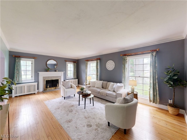 18515 Lomond Blvd, Shaker Heights, OH 44122 - living room with radiator, crown molding, wood-type flooring, and a tile fireplace