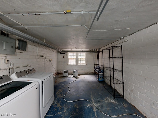 18515 Lomond Blvd, Shaker Heights, OH 44122 - below grade area featuring washing machine and clothes dryer, electric panel, and concrete block wall