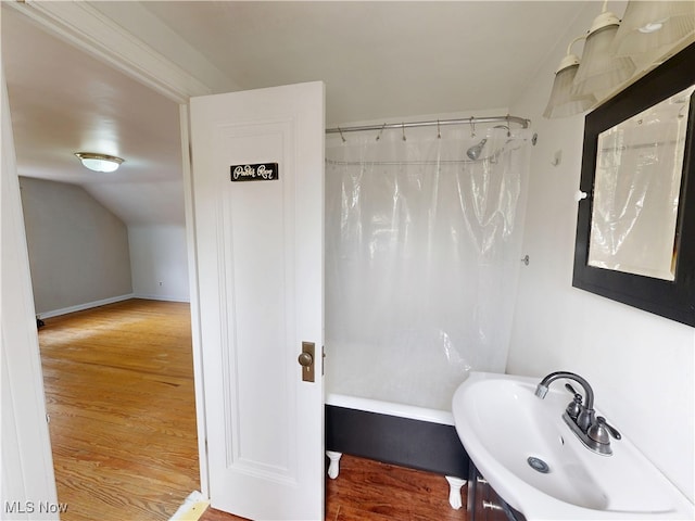 18515 Lomond Blvd, Shaker Heights, OH 44122 - bathroom with wood finished floors, lofted ceiling, and vanity