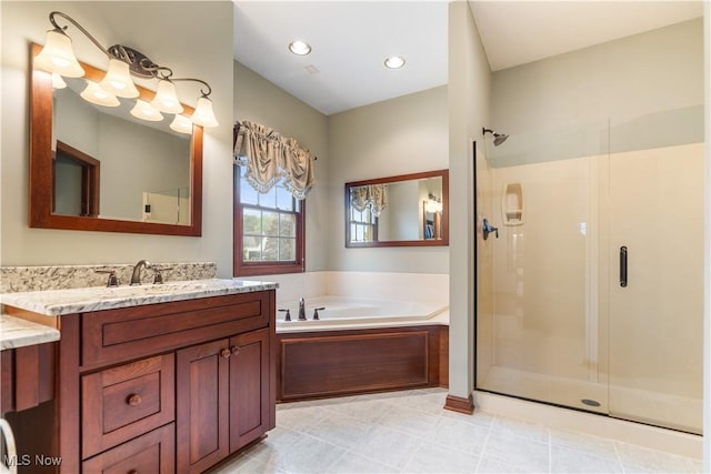 1103 Stone Crossing St NE, Canton, OH 44721 - full bathroom with a shower stall, a bath, vanity, tile patterned floors, and recessed lighting