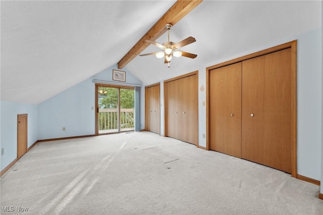 6791 Cedar Ridge Trl, Clinton, OH 44216 - unfurnished bedroom featuring light colored carpet, two closets, access to exterior, baseboards, and a ceiling fan