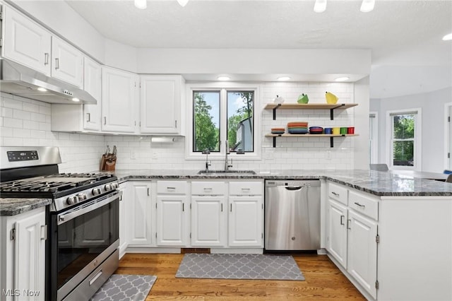 4610 Briarcliff Trl, Copley, OH 44321 - kitchen with appliances with stainless steel finishes, under cabinet range hood, a sink, a peninsula, and white cabinets