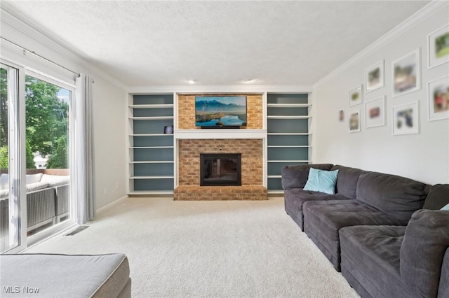 4610 Briarcliff Trl, Copley, OH 44321 - carpeted living room featuring built in features, a textured ceiling, baseboards, a fireplace, and ornamental molding