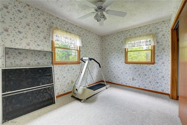 10031 Akins Rd, North Royalton, OH 44133 - workout room featuring healthy amount of natural light, carpet flooring, a textured ceiling, a ceiling fan, and wallpapered walls