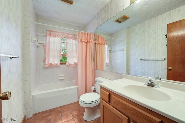 10031 Akins Rd, North Royalton, OH 44133 - bathroom with a textured ceiling, shower / tub combo, vanity, tile patterned floors, and wallpapered walls