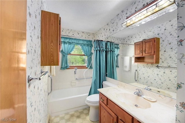 10031 Akins Rd, North Royalton, OH 44133 - bathroom featuring vanity, shower / tub combo, wallpapered walls, and tile patterned floors