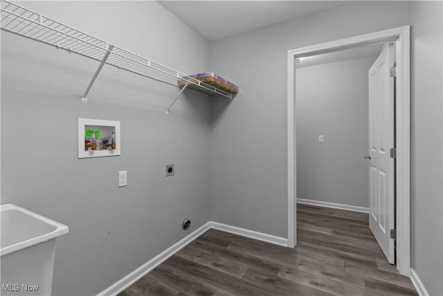 4004 Coventry Ln, Huron, OH 44839 - laundry room with electric dryer hookup, hookup for a washing machine, dark wood-style flooring, and baseboards