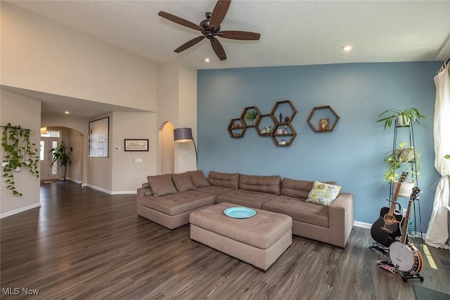12136 White Tail Run, Columbia Station, OH 44028 - living area with arched walkways, dark wood-style floors, ceiling fan, baseboards, and recessed lighting