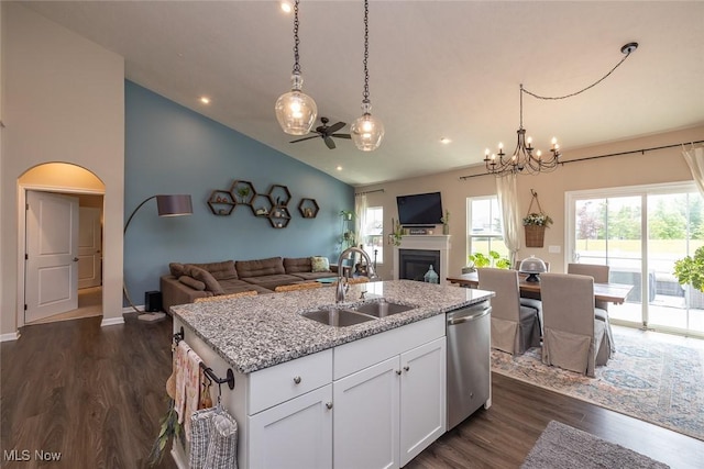 12136 White Tail Run, Columbia Station, OH 44028 - kitchen with a sink, dishwasher, open floor plan, a fireplace, and lofted ceiling