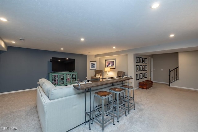 12136 White Tail Run, Columbia Station, OH 44028 - living area featuring light carpet, recessed lighting, baseboards, and stairway