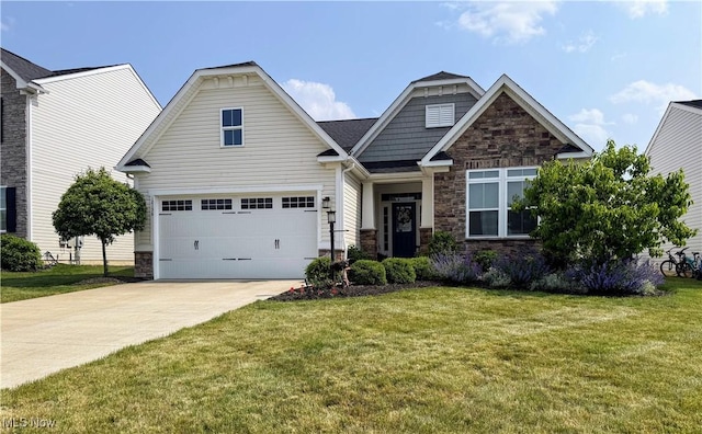 12136 White Tail Run, Columbia Station, OH 44028 - craftsman inspired home with stone siding, driveway, a front lawn, and an attached garage