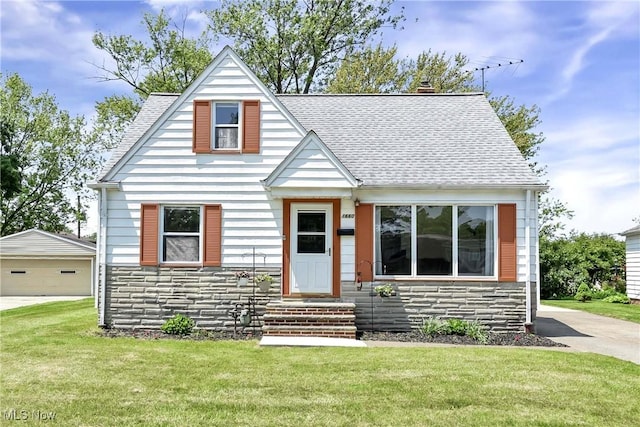 1660 Ridgeview Dr, Wickliffe, OH 44092 - bungalow with stone siding, a shingled roof, a front lawn, and a garage