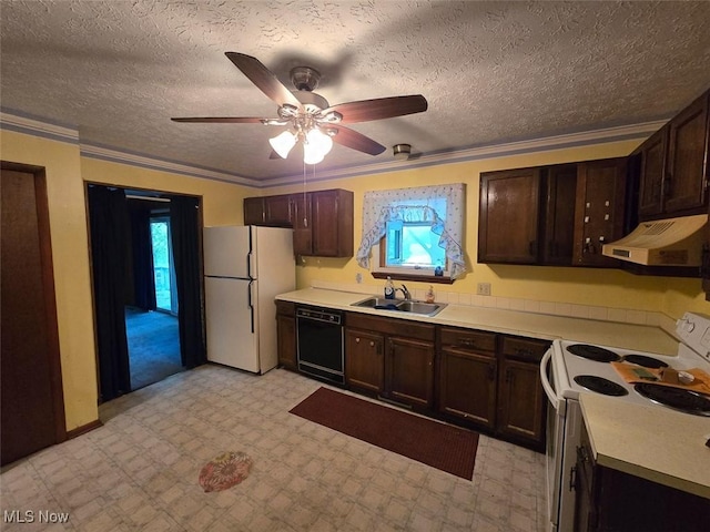 3212 Foxmoor St NE, Hartville, OH 44632 - kitchen featuring white appliances, under cabinet range hood, a sink, light floors, and light countertops