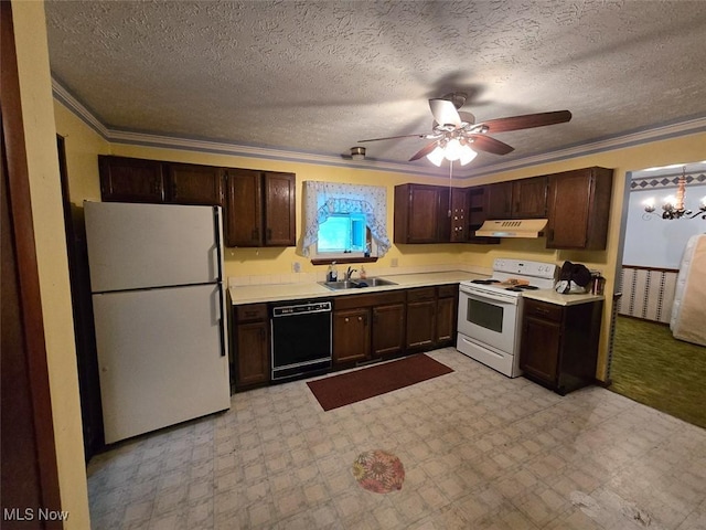 3212 Foxmoor St NE, Hartville, OH 44632 - kitchen featuring white appliances, under cabinet range hood, a sink, crown molding, and light countertops