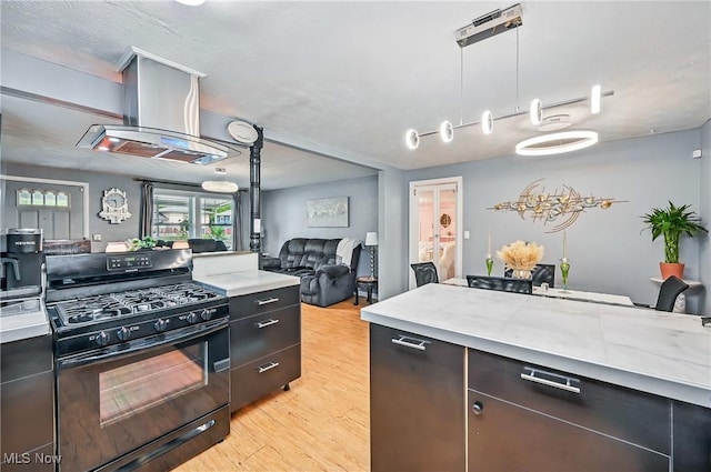245 N Rd, Niles, OH 44446 - kitchen with gas stove, light countertops, island exhaust hood, light wood-style floors, and open floor plan
