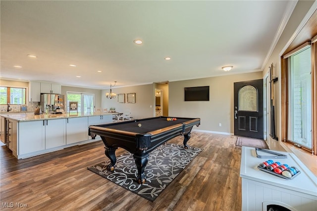 8921 Auburn Rd, Chardon, OH 44024 - rec room with crown molding, dark wood-type flooring, pool table, baseboards, and recessed lighting