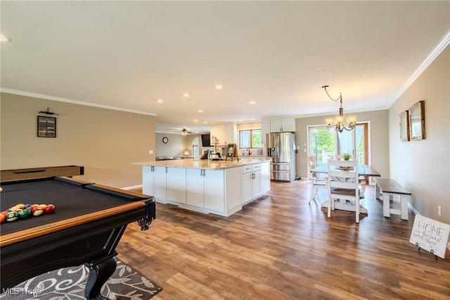8921 Auburn Rd, Chardon, OH 44024 - rec room featuring ornamental molding, wood finished floors, recessed lighting, a chandelier, and billiards table