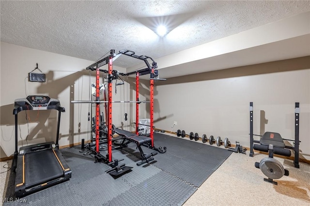 8921 Auburn Rd, Chardon, OH 44024 - exercise area with a textured ceiling, baseboards, and carpet floors