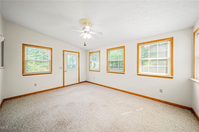 7410 Fieldstone Ave, Conneaut, OH 44030 - empty room with carpet flooring, plenty of natural light, baseboards, ceiling fan, and vaulted ceiling