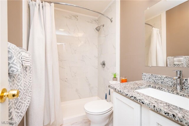 3406 Rebecca Dr, Canfield, OH 44406 - bathroom with toilet, vanity, curtained shower, and marble look tiles