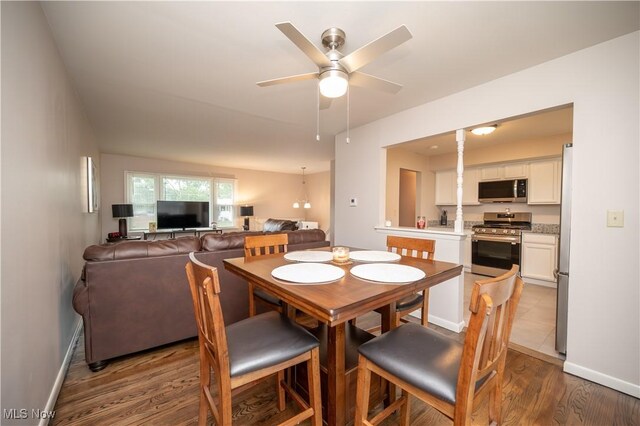 3406 Rebecca Dr, Canfield, OH 44406 - dining room featuring wood finished floors, ceiling fan, and baseboards